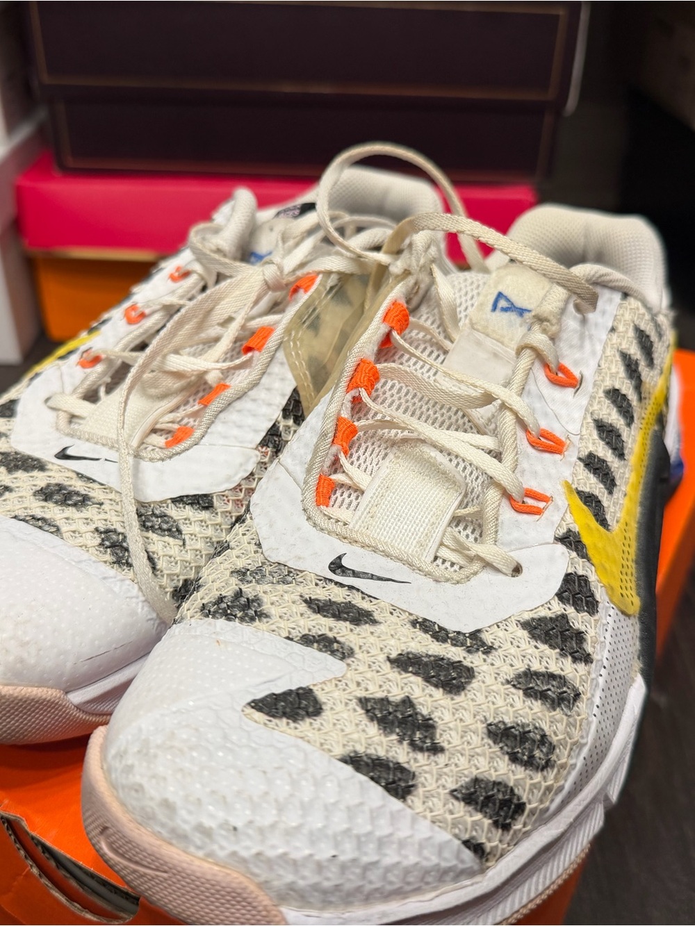 Nike Metcon Leopard-Print Sneakers in White, Black & Yellow with Orange Accents